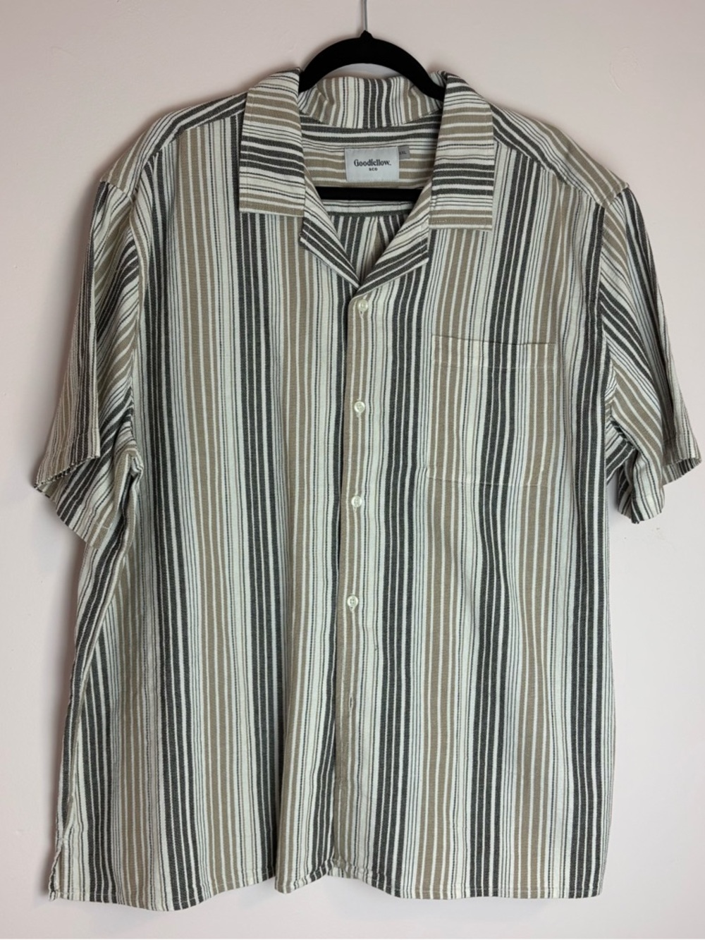 Goodfellow & Co Men’s Short Sleeve Striped Button-Up Shirt - Beige/Black/White